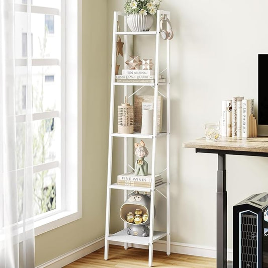 Hzuaneri Ladder Shelf, Bookshelf Bookcase, Freestanding Corner Storage Shelve with 2 Hooks for Home Office, Living Room, Kitchen, Bedroom, Industrial, 5-Tier White BC03213W