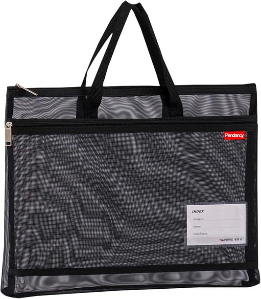 Pendancy Mesh Zipper Pouch A4 Size, Large Double Pocket Lightweight Nylon Transparent File Bag with Handle, 11x13.8 in Foldable Document Storage for Puzzle Project/Cross Stitch/Travel/Office (Black)