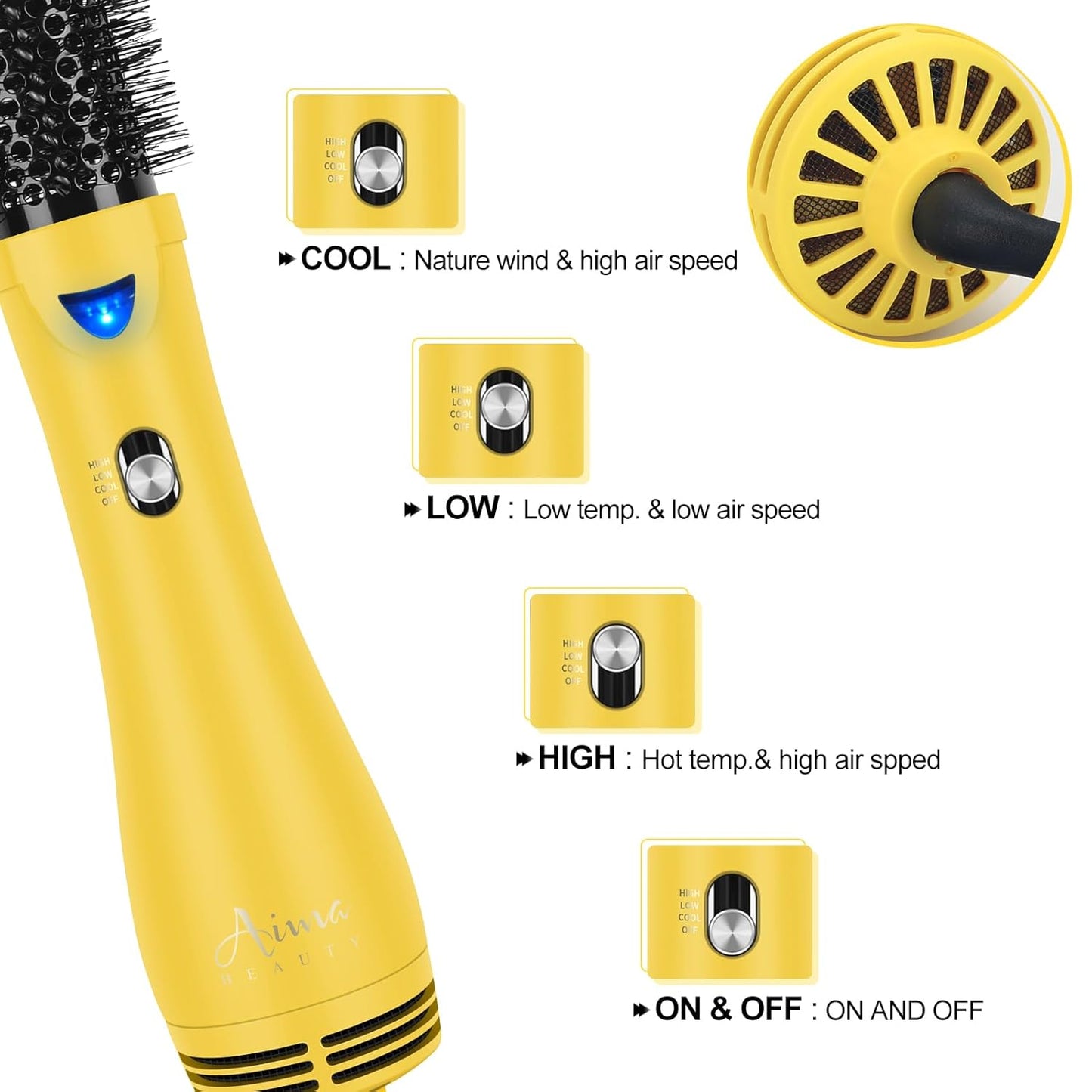 Hair Dryer Brush, Aima Beauty 4-in-1 Upgrade Hot Air Straightener Curler Function for Women, Hair Styling Tools, Yellow-Round