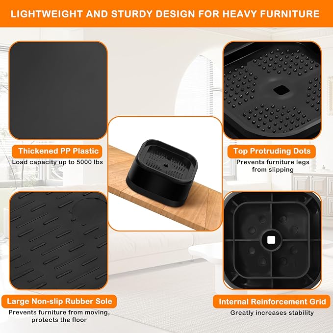 shouwuhho 4 Pack Furniture Risers Adjustable Bed Risers Heavy Duty Lifts Height 1", Square Stackable Bed Risers 1, 2 or 3 Inch for Desk Leg Table Couch Sofa Chair Bed Frame Legs Dorm, Black