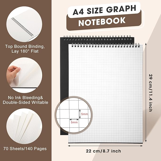Engrowtic 6 Pack Top Spiral Graph Paper Notebooks 8.7 X11.4 Inch A4 Grid Paper Notepad 70 Sheet Memo Steno Pad for Engineering Writing Sketching Drawing School Office Supplies (Black)