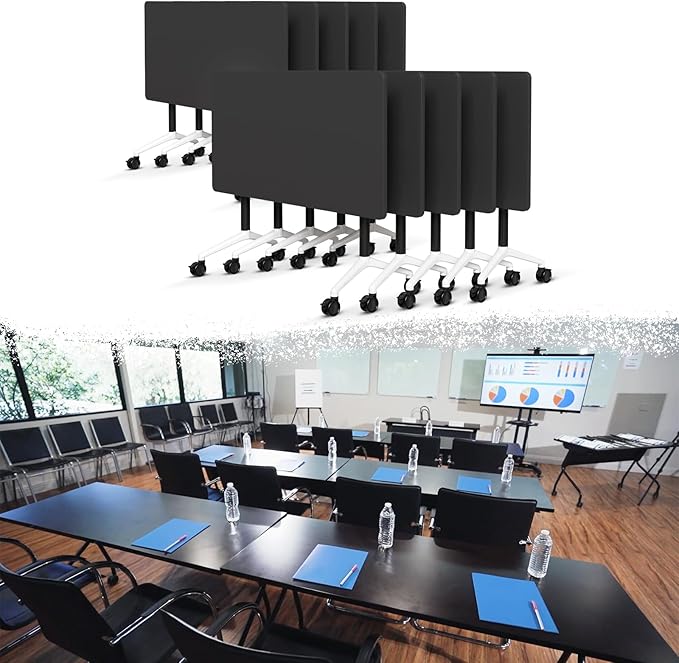 Goakwwuz Conference Room Table, Folding Conference Tables,Thicken Grey Tabletop,Flip Top Wooden Seminar Meeting Room Table for Conference Room Offices (10, Black, 70.8”)