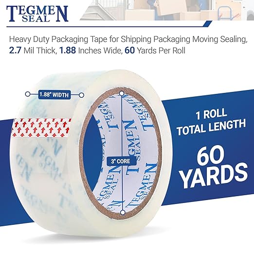 TegmenSeal Heavy Duty Clear Packing Tape with Dispenser Combo for Shipping, Moving & Storage,Thicker Clear Packing Tape,1.88 inches Wide, 60 Yards Per Roll, 60 Total Yards