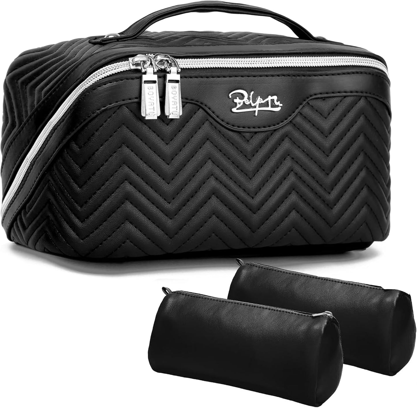 Travel Makeup Bags Cosmetic Organizer Bag: Quilted Make up Bag Set of 3 - PU Leather Toiletry Bags for Women - Portable Makeup Organizer with Compartments & Handle & Divider (14 Black New)