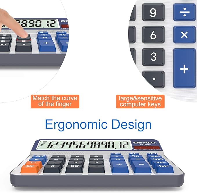 Desktop Calculator Extra Large 5-Inch LCD Display 12-Digit Big Number Accounting Calculator with Giant Response Button, Battery & Solar Powered, Perfect for Office Business Home Daily Use(OS-6815)