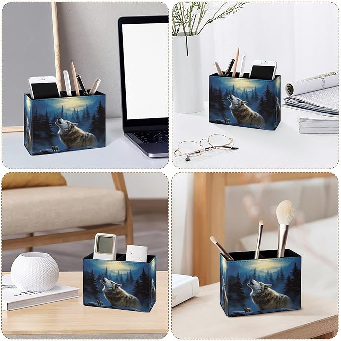 Famame 3D Animal Howling Wolf Moon Pencil Holder for Desk, Leather Desktop Container Pen Cup Storage Study Table Pen Organizer Makeup Brush Holder for Classroom Office Home