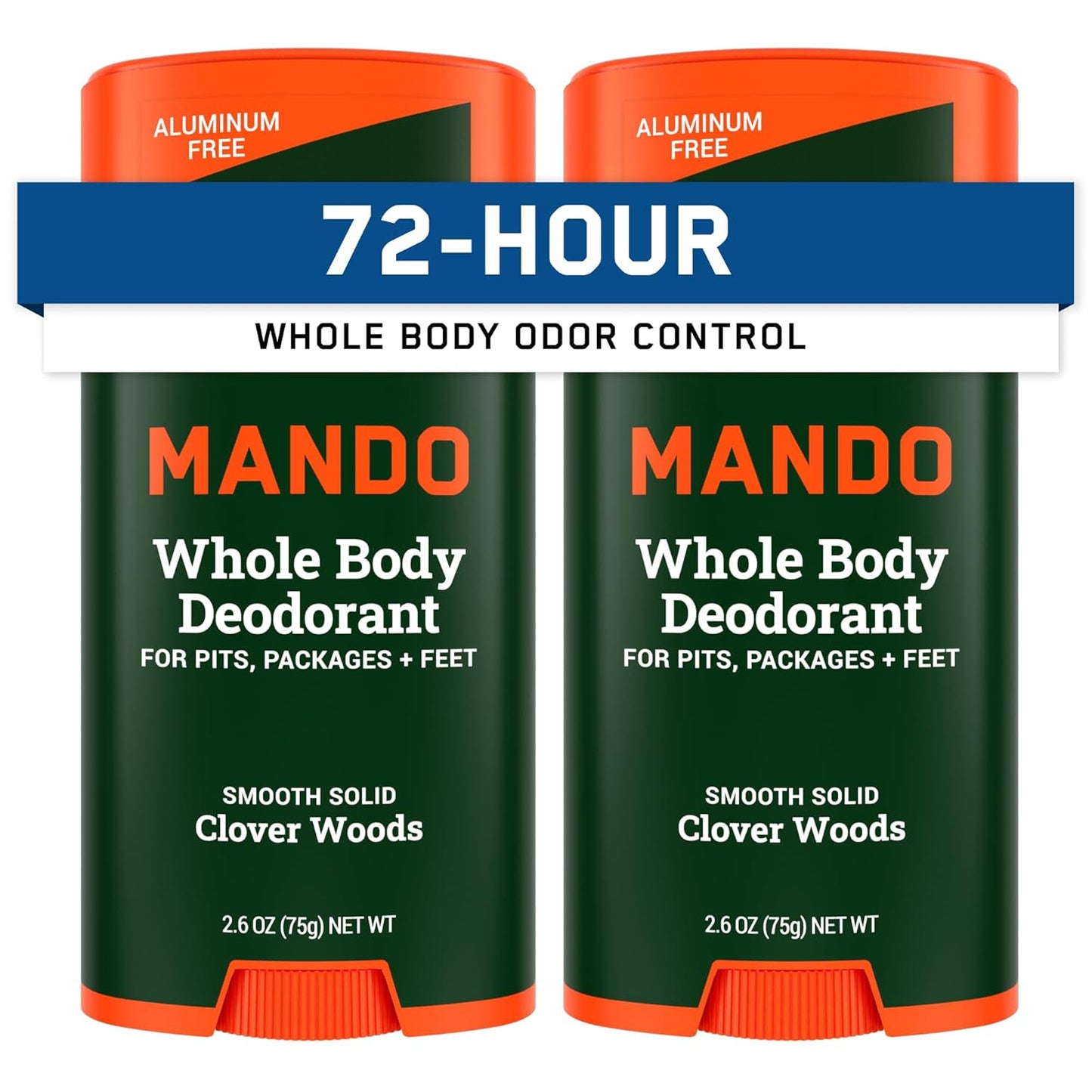 Mando Whole Body Deodorant For Men - Smooth Solid Stick - 72 Hour Odor Control - Aluminum Free, Baking Soda Free, Skin Safe - 2.6 Ounce (Pack of 2) - Clover Woods