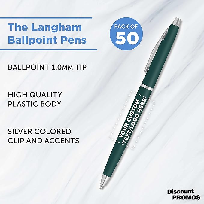 DISCOUNT PROMOS Custom Langham Ballpoint Pens Set of 50, Personalized Bulk Pack - Black Ink, Great for Office, School, Business, Tradeshows - Hunter Green