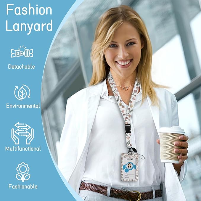 Teacher Badge Holder with Retractable Lanyard, Flower Lanyards for ID Badges Name Tags Vertical Card Holder, Breakaway Lanyard Badge Reel Retractable, Teacher Nurse Workers Women Office Gifts