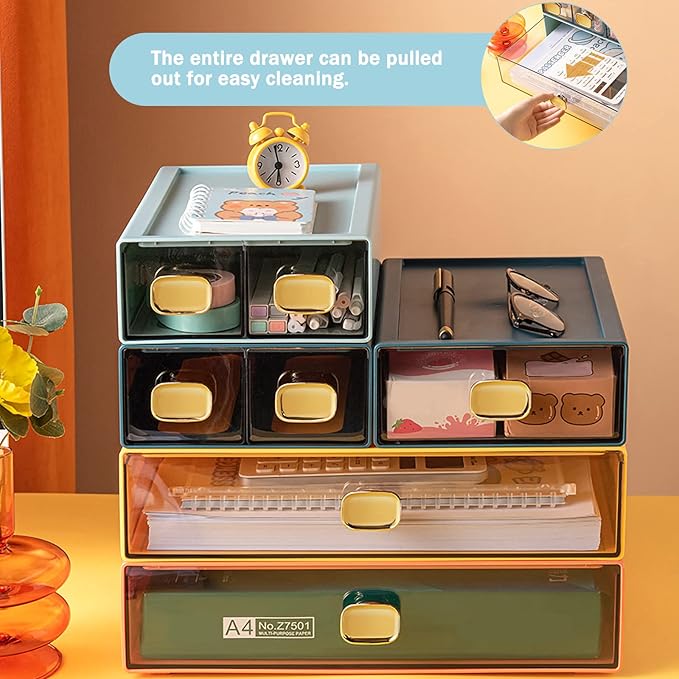 DETEIN 2PACK Stackable Desktop Organizer with Drawer 6.5"x9"x3" Desk Storage Drawer Office Plastic Organizer Clear Small Drawer for Pens, Stationery, Accessories, Make Up (Yellow, M - 1 Drawer)