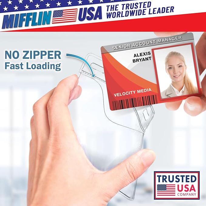 Mifflin-USA Card Protector (4x3 Inch, Clear, Bulk 50 Pack) Quick Load Horizontal No Zipper Name ID Badge Holder