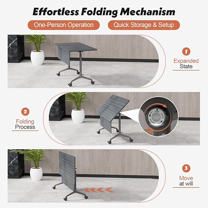 Goakwwuz Conference Room Table, Folding Conference Tables,Thicken Grey Tabletop,Flip Top Wooden Seminar Meeting Room Table for Conference Room Offices (8, BlackWoodGrain, 61.0“)