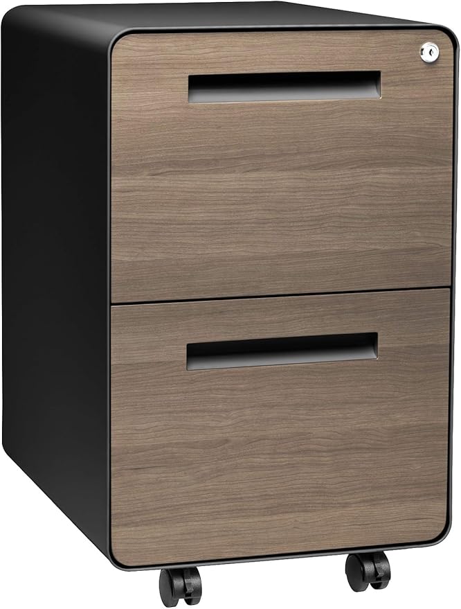 Laura Davidson Furniture Stockpile 2 Drawer Mobile File Cabinet with Lock - Under Desk Metal Filing Cabinet, Legal/Letter File Folders, Wheels and Stationary Feet, Pre-Assembled, Black/Wood