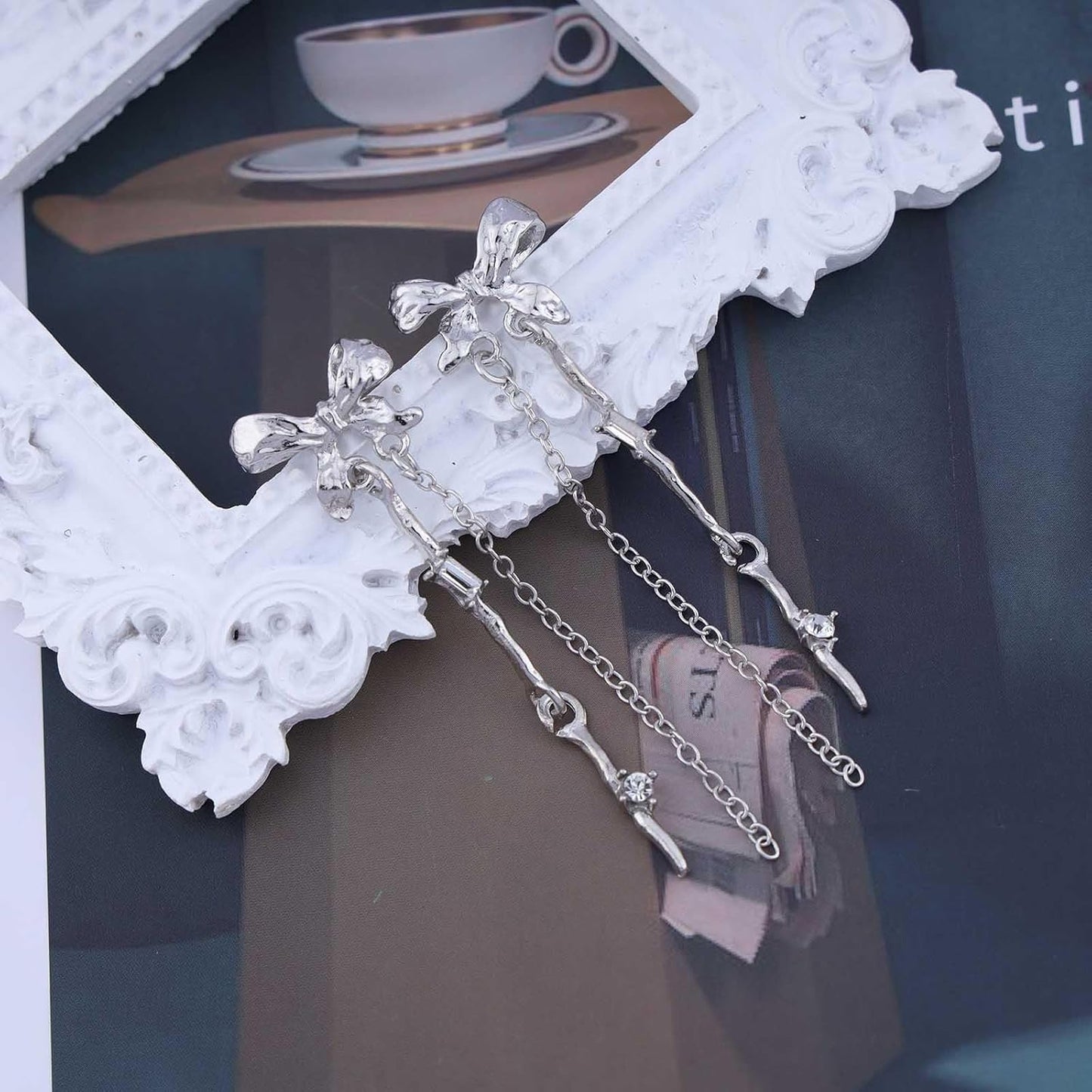 Vintage Bow Crystal Drop Earrings Silver Bar Dangle Earrings Long Crystal Bow Chain Earrings Cz Tassel Chain Earrings Jewelry for Women