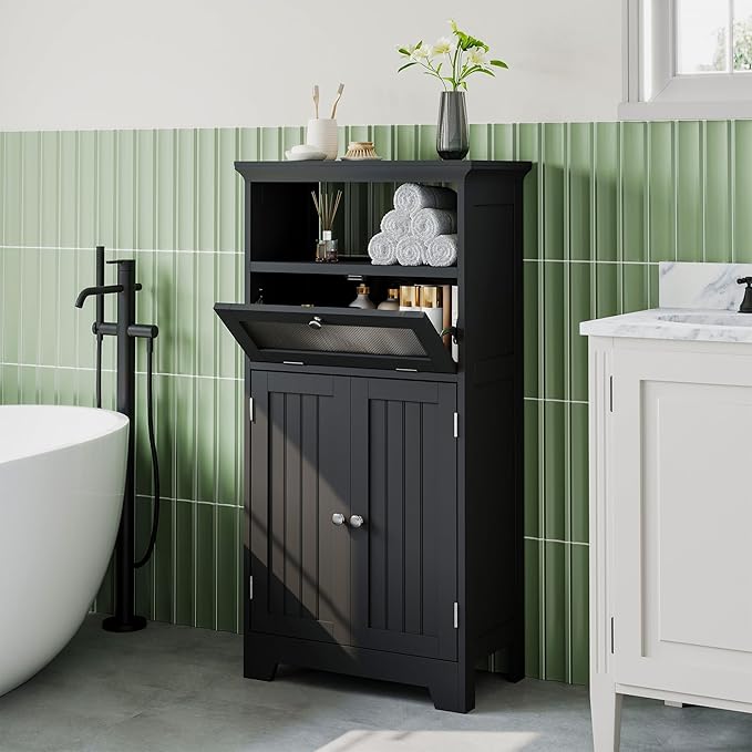 ChooChoo Freestanding Bathroom Cabinet with Flip Glass Drawer, 2 Doors, Adjustable Shelf, Open Storage for Bathroom, Living Room, Hallway, Black