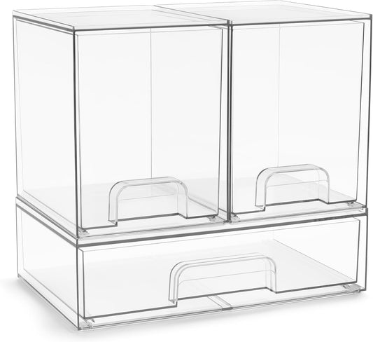 Sorbus Acrylic Storage Containers - 3 Pack, Stackable Storage Bins Set for Bathroom Organization - Clear Acrylic Drawer Organizers - Makeup Case Pull-Out Drawers (7.6’’ Tall and 12.1’’ Wide)