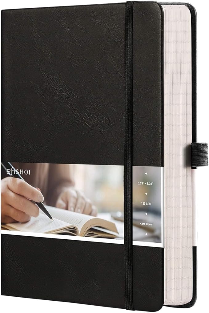 EMSHOI Lined Journaling Notebooks - 120gsm Thick Leather Journal with Sticky Notes, 256 Numbered Pages A5 Hardcover College Ruled Notebook for Women Men Work School Writing, 5.75" x 8.38"-Black