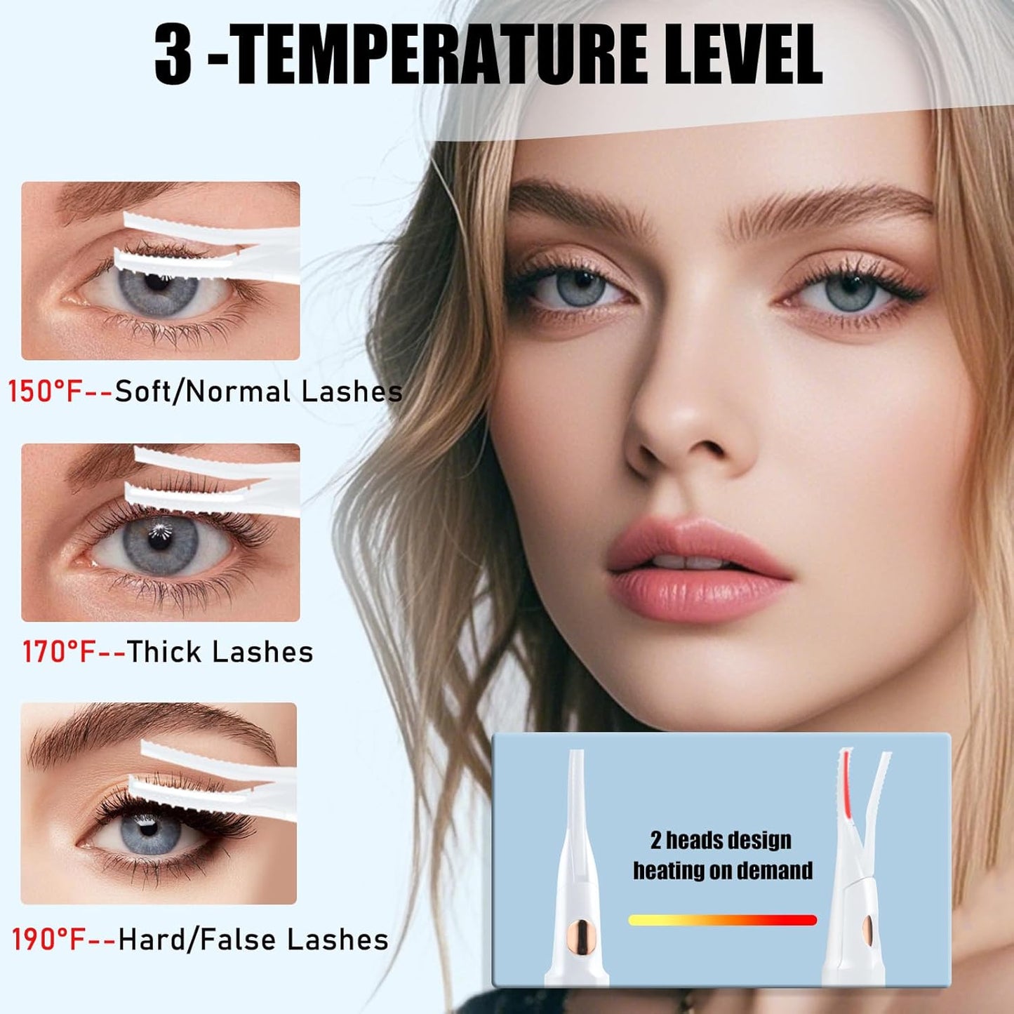 Heated Eyelash Curlers - 2 in 1 Clip- Type Heated lash Curler Best Seller Electric Eyelash Curler LED Display 3 Temp Settings for Makeup Tools USB Rechargeable Natural Curling 24H Long Lasting-WT B1A