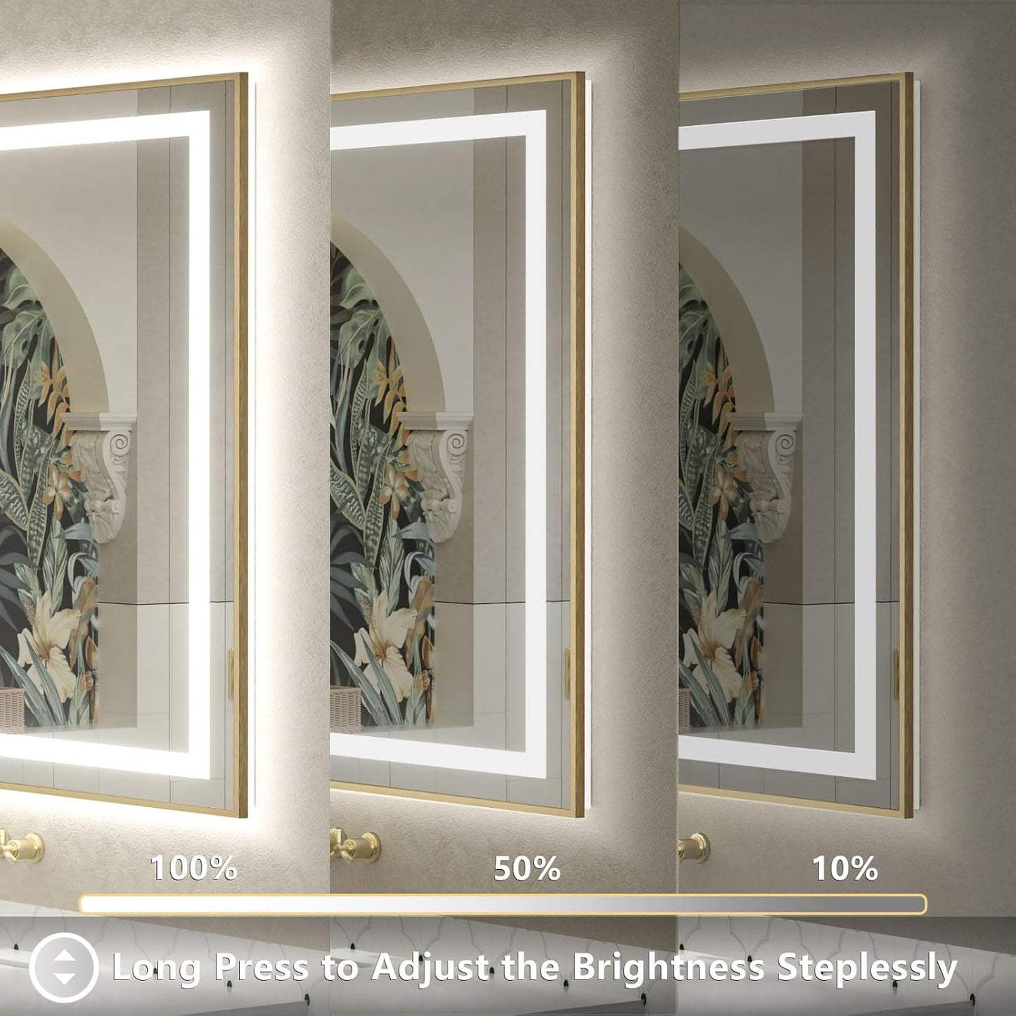 OKPAL 28x36 Gold LED Bathroom Mirror with Lights, Frontlit & Backlit Metal Framed Mirror, Lighted Bathroom Vanity Mirror, Anti-Fog, Dimmable 3 Colors, Shatterproof, Horizontal/Vertical