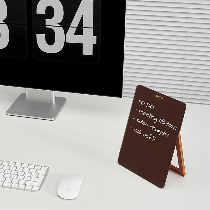 YEOUX Glass Small Whiteboard with Reversible Wood Stand for Desk, Burgundy Red, Mini Dry Erase Board, Desktop Small White Board 9.5"x6.7" for Office, Home, Kitchen, Marker & Eraser Included