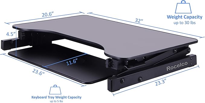 Rocelco 32" Height Adjustable Standing Desk Converter - Slide Out Retractable Keyboard Tray - Sit Stand Up Double Monitor Riser - Dual Piston Lift Assist Tabletop Computer Workstation - Black (R ADRB)