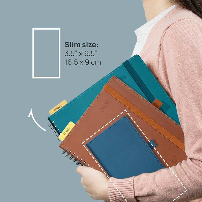 POPRUN 2026 Pocket Planner (Slim Size 3.5" x 6.5") Weekly and Monthly Calendar for Purse, with Hourly Time Slots, 100GSM Thick Paper, Spiral Soft Cover, Pen Holder - Brown