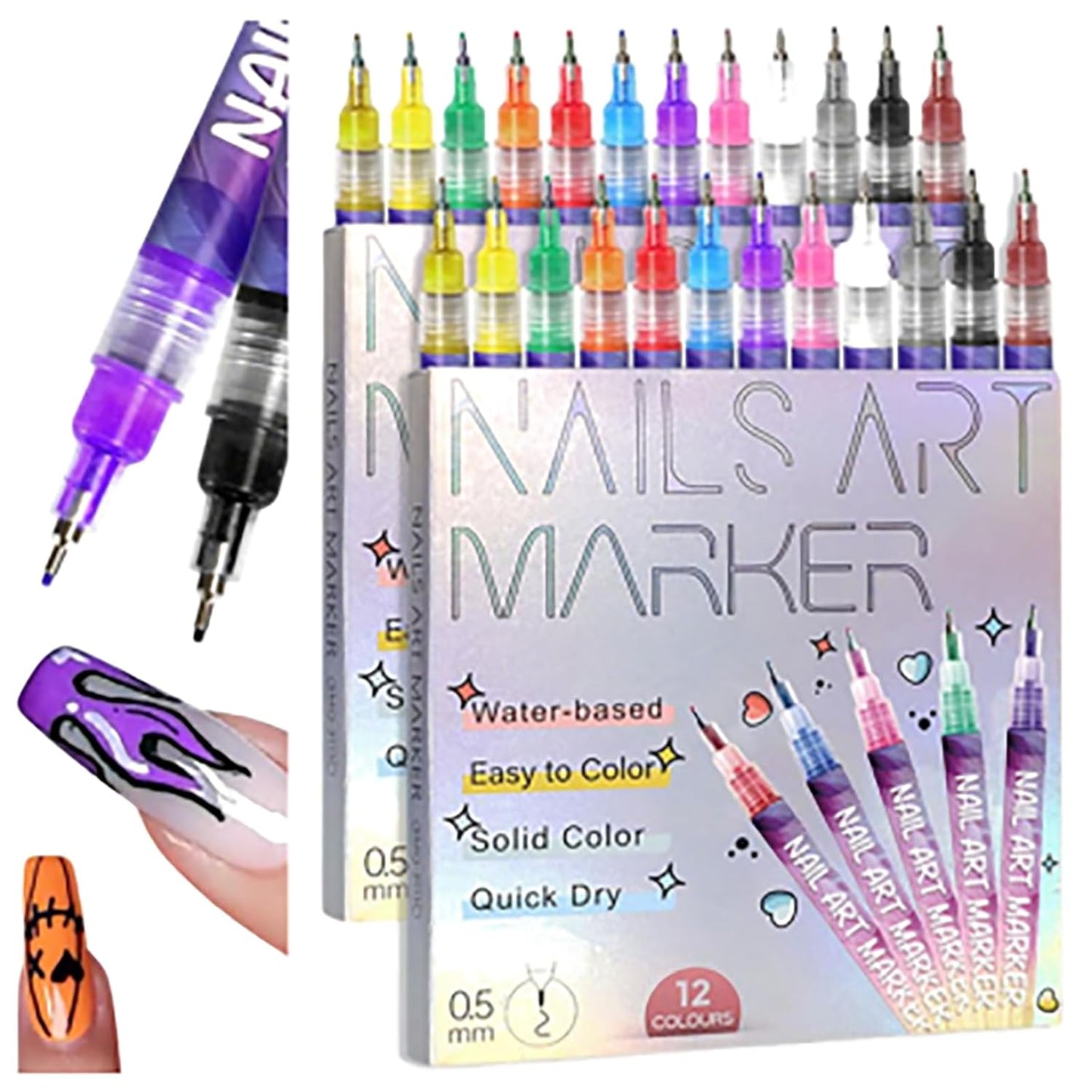 Nail Markers, 12 Colors Nail Art Pens Set Nails Art Markers Polish Pen for 3D Nail Art, Nails Arts Tools for Graffiti Dotting Drawing Painting Point Liner DIY Kit Home Nail Salon DIY (2 Set 12Color)