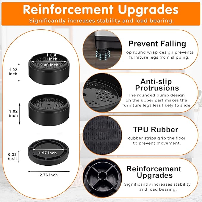 Furniture Risers Bed Risers Heavy Duty 1 inch, 2 inch, 3 inch, 4 inch Round Adjustable Bed Lifts Riser for Desk Legs Table Couch Sofa Chair Refrigerator Washing Machine (1+1+1 Inch, Black, 6 Pack )