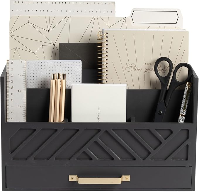 BLU MONACO | Grey Wooden Desk Organizer With Drawer | MDF Wood Desktop Organizer With Gold Handle | Multi-Compartment Desk Storage For Office Stationery | Home Office Organization