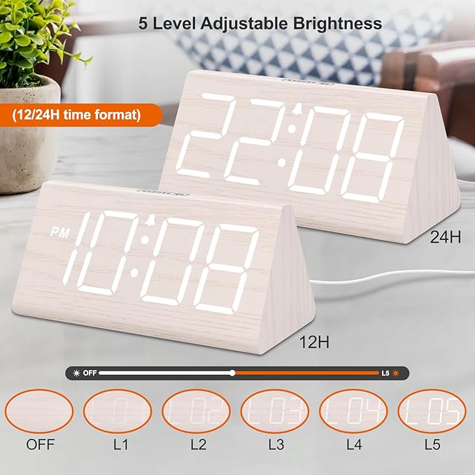 DreamSky Wooden Digital Alarm Clock for Bedroom - Living Room Desk Clock with Large Numbers, Bedside Nightstand Clock with USB Port, Adjustable Volume, Dimmer, DST, Office Wood Décor, Adapter Powered