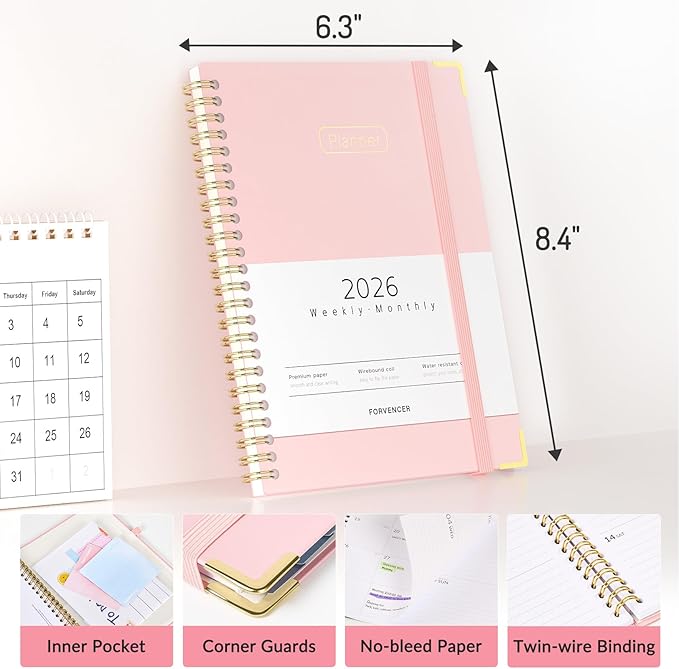 Forvencer 2026 Planner, Hardcover Calendar Planner Weekly and Monthly, Jan 2026 - Dec 2026, 6" x 8", Spiral Agenda Book with Tabs, Exquisite Daily Journal Organizer for Home School, Purple