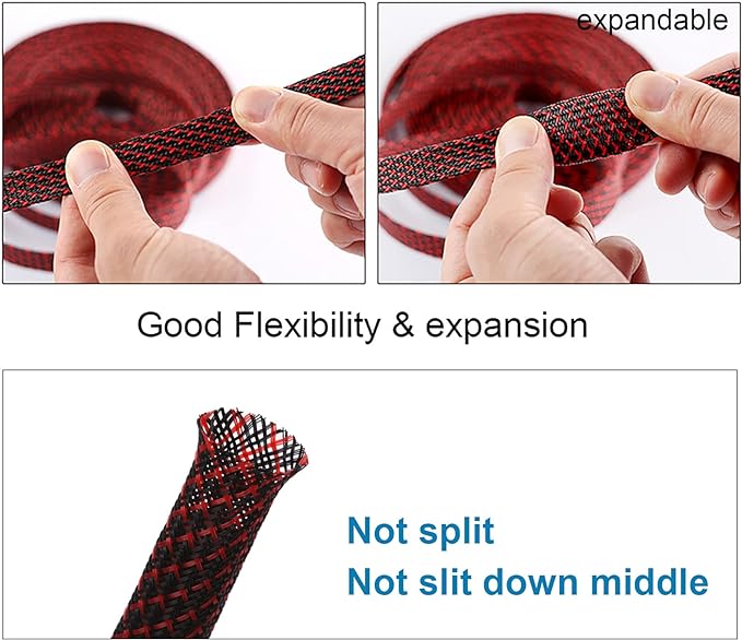 25ft - 1/2 inch PET Expandable Braided Sleeving – BlackRed – Alex Tech Braided Cable Sleeve