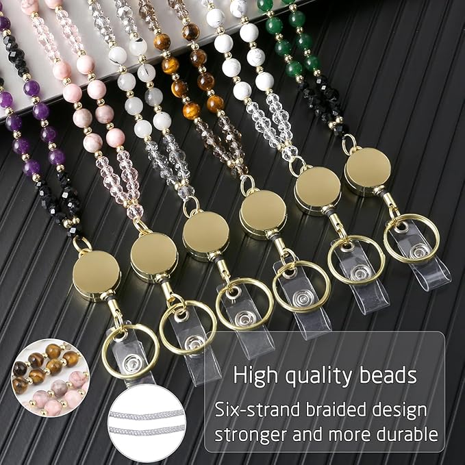 AIDSOTOU Lanyards for ID Badges and Keys,Natural Stone Beaded Teacher Lanyard for Women,Retractable Lanyard with ID Holder Cute Lanyards for Teachers（Pink）