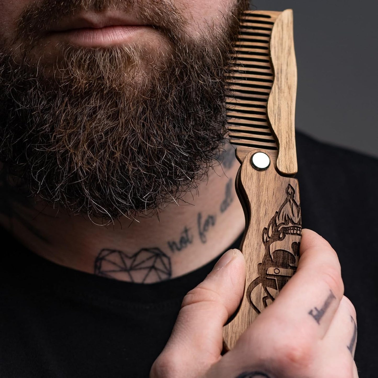 Beard Comb for Men Pocket Folding Combs for Mustache & Hair Travel Natural Wooden Comb with Real Man Engraving - Perfect for Use w/Beard Balm Oil (Wavy Half Skull) (Model WV)