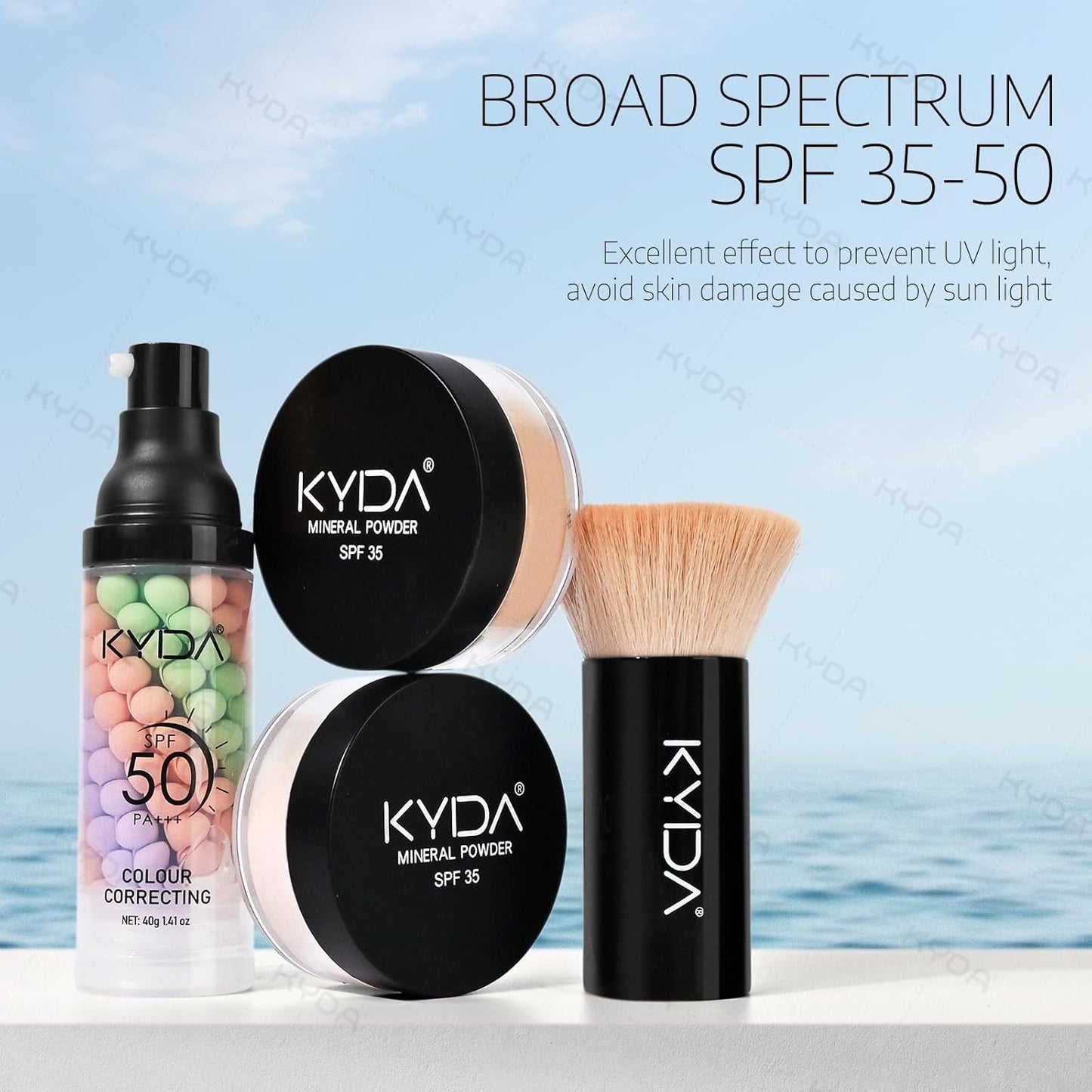KYDA Mineral Makeup Kit, Includes SPF 50 Color Correcting Primer, SPF 35 Loose Powder Foundation + Translucent Loose Setting Powder, Foundation Brush, Makeup Starter Set, Travel Size - Fair Light