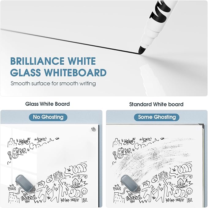 MaxGear Glass Whiteboard Tempered Magnetic Dry Erase Board 60 x 40 Inch Ultra White, Frameless Wall Mounted, Office Classroom Conference Room Home Use, Includes Markers, Eraser, Magnets & Mounting Kit