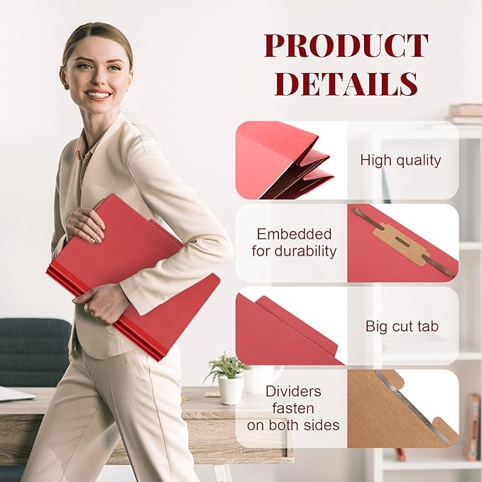 Skyygemm 24 Pcs Classification Folders Letter Size, 1 Divider Pressboard File Folder with Fasteners, Expanding File Organizer Bulk for School Teachers, Office Employee, Coworker, Staff (Red)