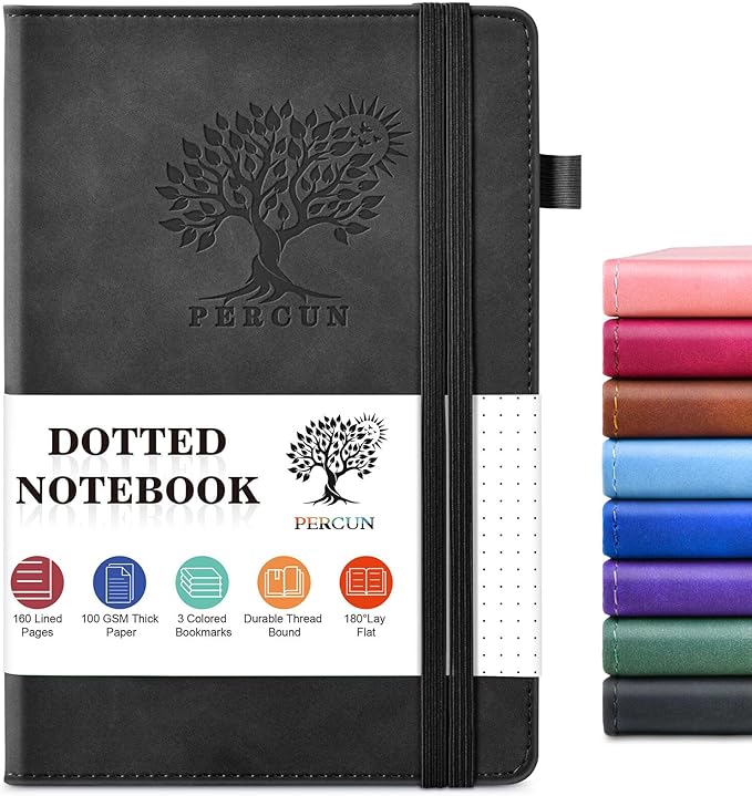 PERCUN Dotted Journal Notebook for Men & Women, 160 Pages Dot Grid notebook for Note Taking, Bullet Journaling Notebook for Work, School, Travel, Writing, A5 Hardcover 5.9" x 8.5" (Black)