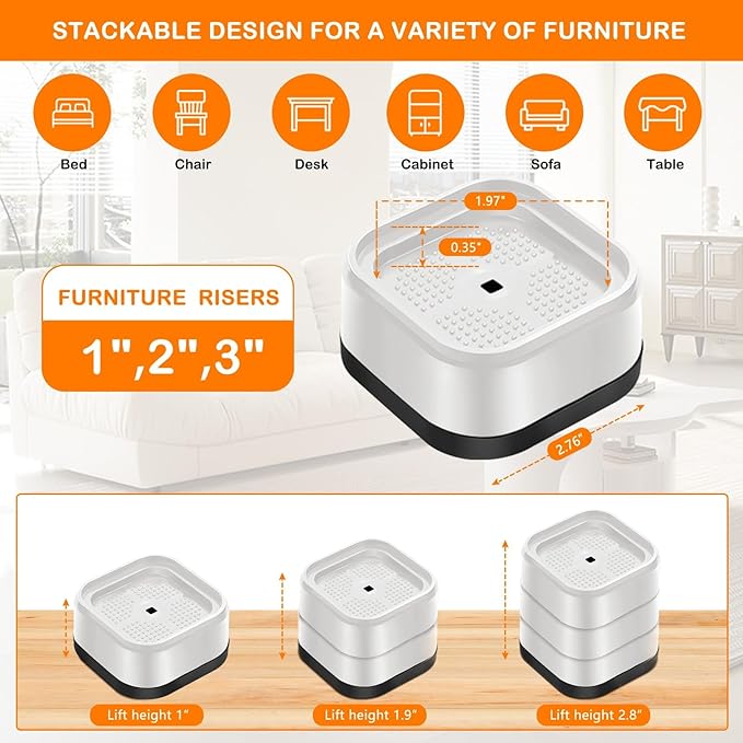 shouwuhho 18 Pack Furniture Risers Adjustable Bed Risers Heavy Duty Lifts Height 1", Square Stackable Bed Risers 1, 2 or 3 Inch for Desk Leg Table Couch Sofa Chair Bed Frame Legs Dorm, White