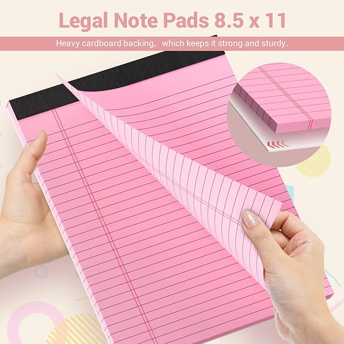 Roneky Legal Pads 8.5 x 11 Colored Notepad, 12 Pack Wide Ruled Lined Paper, Micro Perforated Writing Pads, 30 Sheet/Note Pads, Pink Legal Pad 8.5 x 11 Notebook Paper Tablet for School