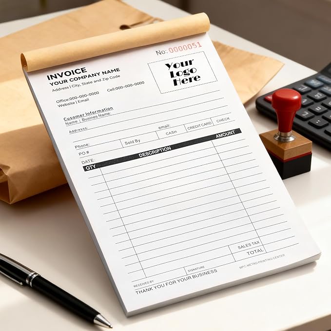 100 Sets Custom 5.7" X 8.5" Invoice Receipt Book, Personalized Duplicate Carbonless Form with Logo/Text, Paper 2-Part/3-Part in Bulk Purchase Orders, Sales Orders, Price Forms (3-Part)