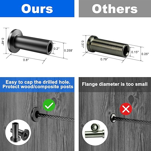 BLIKA 120 Pack Black Stainless Steel Protector Sleeves for 1/8" 5/32" or 3/16" Deck Cable Railing, for Wood/Composite Posts, T316 Marine Grade, Black Cable Railing Protector Sleeves