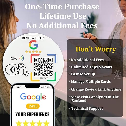 Epoxy Sticky Card with NFC Chip & QR Code - Compatible with Google Business Page for Customer Reviews, Boost Business Reviews, Essential for Small Businesses, No App, No Monthly Fee (Black-5 Cards)