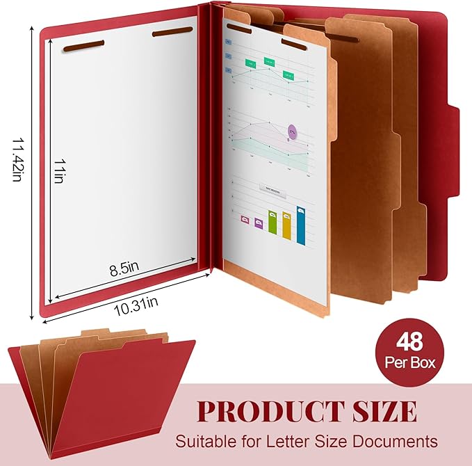 Skyygemm 48 Pcs Classification Folders Letter Size, 3 Divider Pressboard File Folder with Fasteners, Expanding File Organizer Bulk for School Teachers, Office Employee, Coworker, Staff (Red)