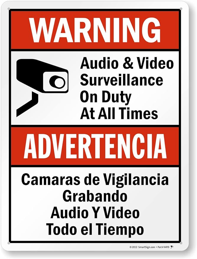 SmartSign 24 x 18 inch “Warning - Audio & Video Surveillance On Duty At All Times” Bilingual Sign, 80 mil Laminated Rustproof Aluminum, Red, Black and White, Made in USA