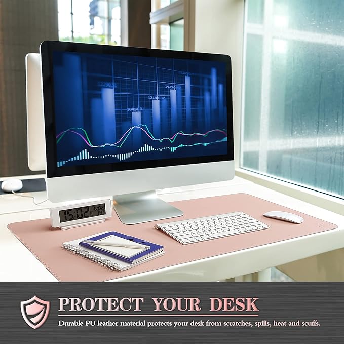 K KNODEL Desk Mat, Blotter, Dual-Sided Office Desk Pad, Waterproof Desk Mat for Desktop, Desk Blotters, PVC Leather Pad Protector (Pink, 31.5" x 15.7")