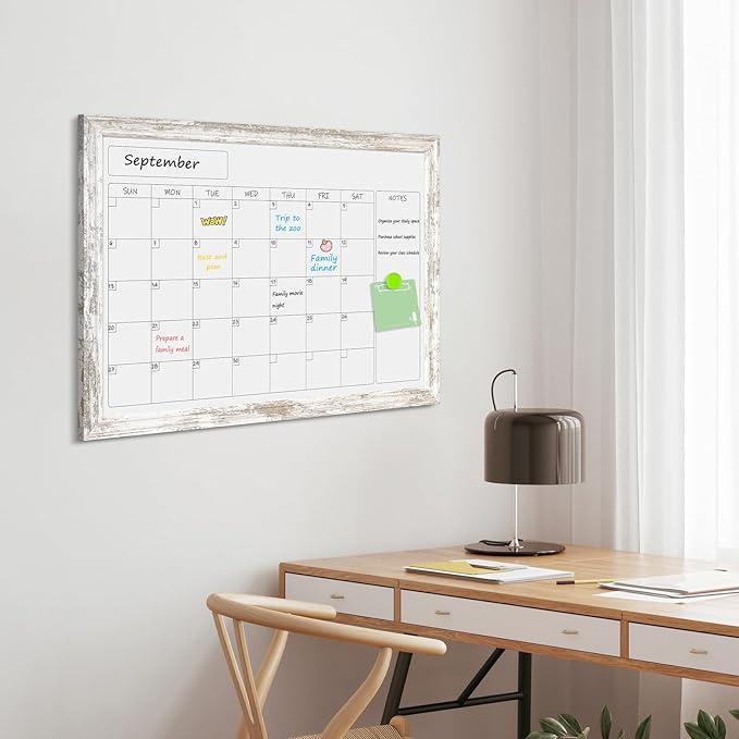 Monthly Dry Erase Calendar Whiteboard for Wall, 36" x 24" Magnetic White Board Calendar Board - Rustic Vintage Wooden Frame