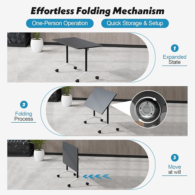 Goakwwuz Conference Room Table, Folding Conference Tables,Thicken Grey Tabletop,Flip Top Wooden Seminar Meeting Room Table for Conference Room Offices (4, Black, 47.2“)
