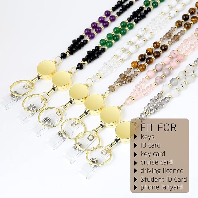 AIDSOTOU Lanyards for ID Badges and Keys,Natural Stone Beaded Teacher Lanyard for Women,Retractable Lanyard with ID Holder Cute Lanyards for Teachers (White)