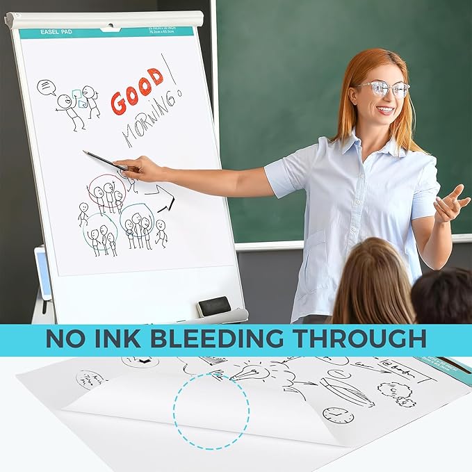 FAHKNS Sticky Easel Pad，Large 25x30 Inch Self-Adhesive Teacher'S Flip Chart Paper, Easel Pad with Dry Erase Surface for Classroom/Office, White, 30 Sheets/Pad, 6 Pads/Pack